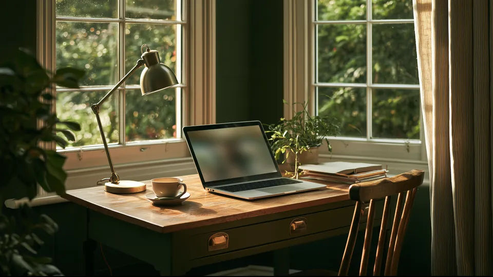 A laptop open for a video visit on a desk by a window