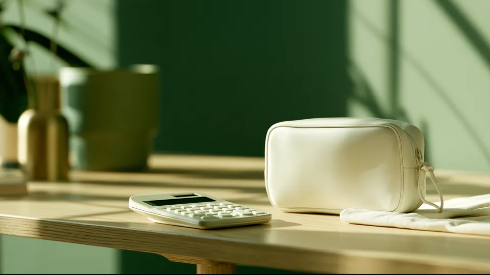 A calculator beside a white pouch on a wooden desk