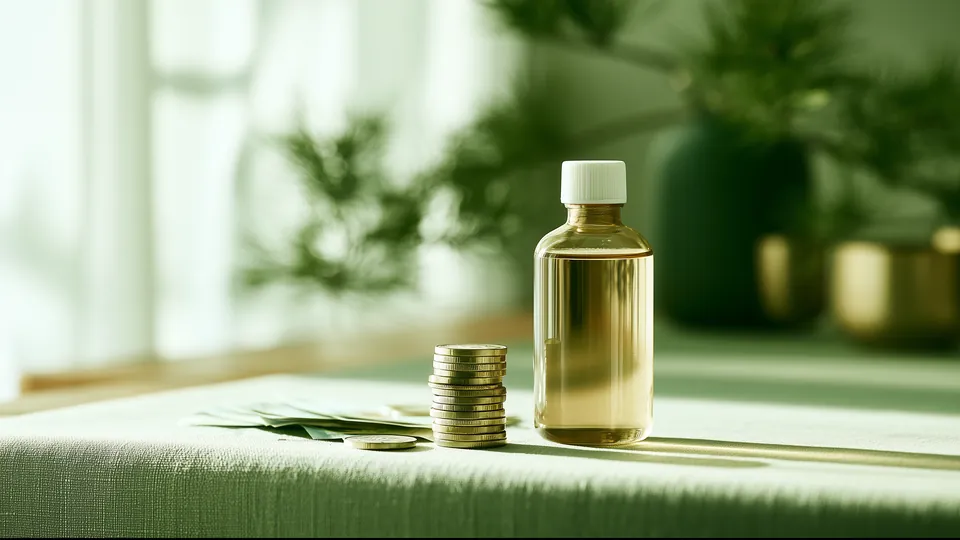 A stack of coins and folded bills beside a pharmacy bottle
