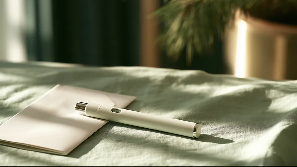 A plain white medication pen on sage linen in morning light