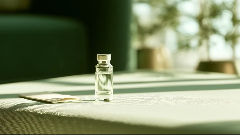 A small clear medication vial with a silver cap on a linen table