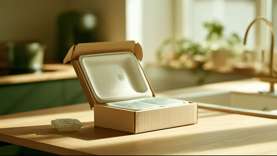An opened shipping box with a foam liner and cold packs on a kitchen counter