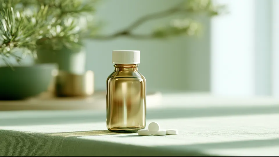 An amber pharmacy bottle with a few white tablets on sage linen