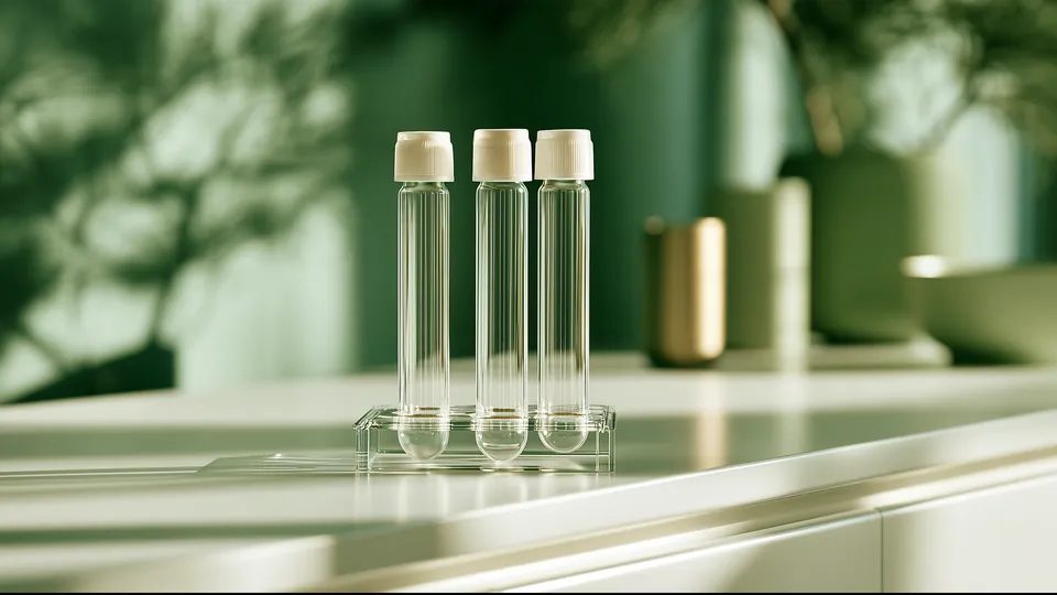 Three empty sample tubes in a clear rack on a white counter